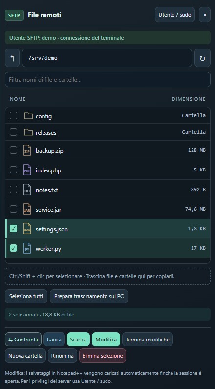 Pannello SFTP NexusTerm: cartelle config e releases, icone JSON, Python, PHP e JAR, due file selezionati e azioni Confronta e Scarica.